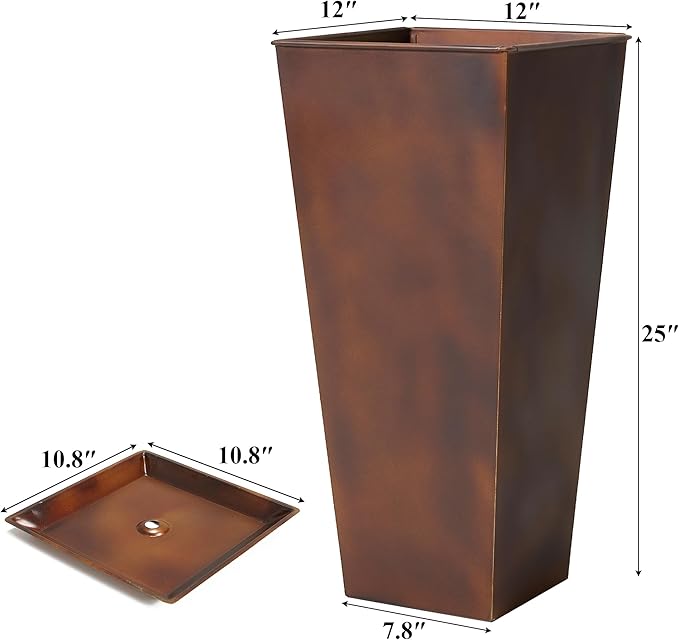 Worth Garden 12 Dia x 25 H Large Metal Planter Set of 2 Matte Bronze Retro Finish Tall Square Tapered Steel Plant Pots Decor Flower Pot Indoor &amp Outdoor Drainage Hole &amp Dual-Purpose Plant