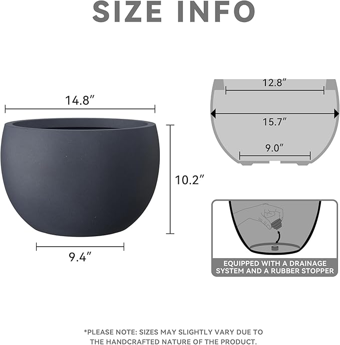 Kante 15.7 Dia Round Concrete Planter Outdoor/Indoor Large Bowl Plant Pots with Drainage Hole and Rubber Plug for Garden Patio Balcony Home Charcoal