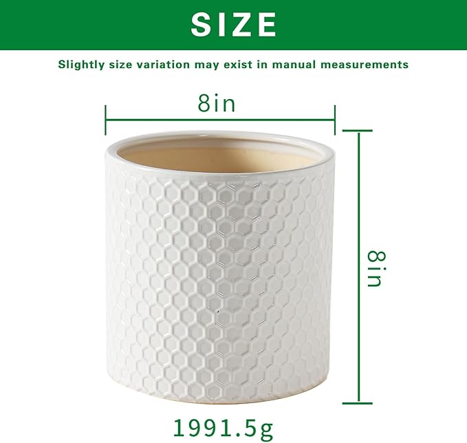 Docrin Ceramic Planters Indoor 8 Inch Plant Pot with Drainage Holes for Home/Office - White Honeycomb