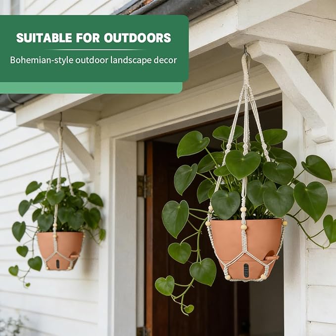 Self-Watering Hanging Planters for Indoor Plants Set 2-Piece Includes Plant Hanging Pot Drainage-Hole Hanging Pot and Hanging Basket Rack (Terracotta10 Inches)