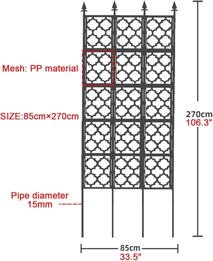 74.8in Tall Garden Fence Metal Garden Trellis For Climbing Plants Outdoor Indoor And Outdoor Privacy Decoration Plant Support For Climbing Vines And Flowers Stands(Black85x270cm/33.5x106.3in)