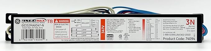 GE Lighting 74094 GE332MAX347-N 347-Volt UltraMax Electronic Fluorescent T8 Multi-Volt Instant Start Ballast 3 or 2 F32T8 Lamps