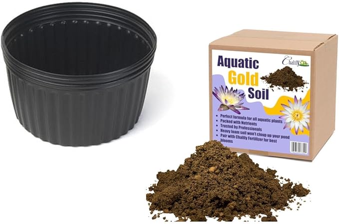 Chalily Aquatic Planting Bundle for Waterlilies Bog Plants Lotus Easy Water Lily Plant Kit Hardy Tropical Waterlily Kit Pond Water Feature Garden Aquatic Soil Pond Plants (4qt Soil 10” Pot)