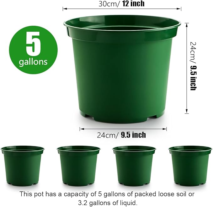 5 Gallon 12 Inch Plastic Nursery Pots Plant Containers with Drainage Holes Round Sturdy Garden Planters for Indoor/Outdoor Greenery Gardening Gifts for Women (5-Pack Green)