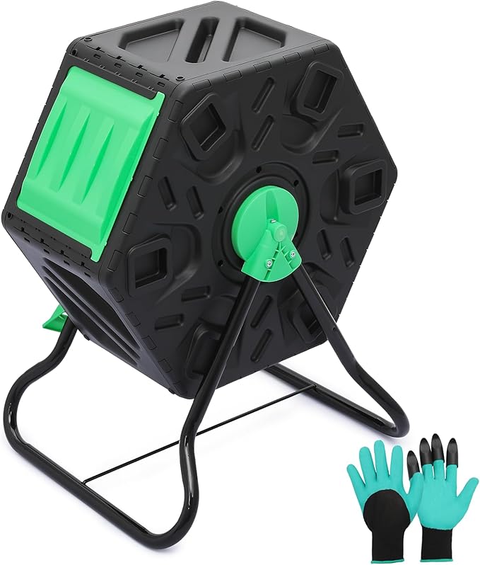 MoNiBloom 17 Gallon Single Compost Tumbler BPA Free Outdoor Light Weight Compost Bin w/Sliding Door All-Season Fast Working Rotating Chamber Composters for Garden Patio
