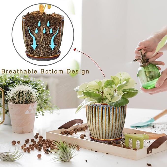 Oairse Ceramic Pots for Indoor Plants 4.9 +5.7 inch Set of 2 Brown Plant Pots with Drainage Holes and Saucers Texture Ceramic Planters Indoor Outdoor Flower Planters for Succulent