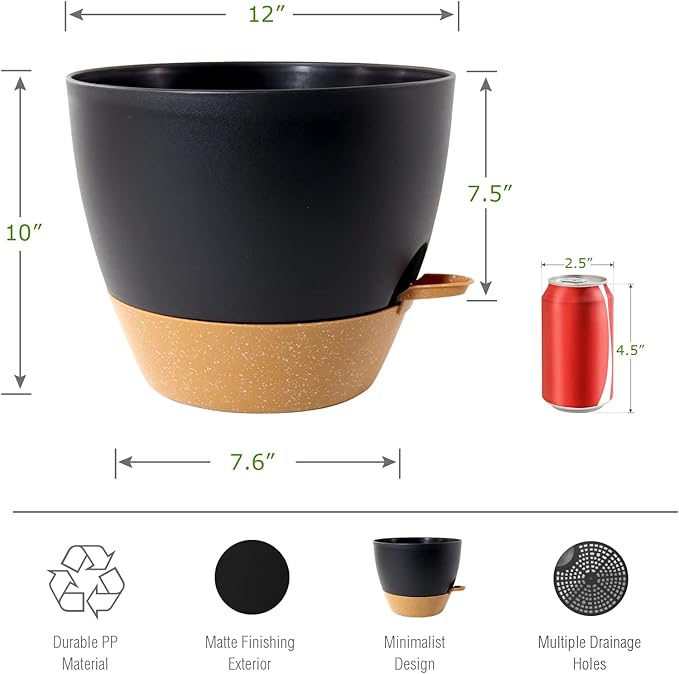 12 inch Large Self Watering Pots Plastic Planters with 60oZ Removable Deep Reservoir and Multi Mesh Drainage Holes for Indoor Outdoor Garden Plants and Flowers Black with Brown