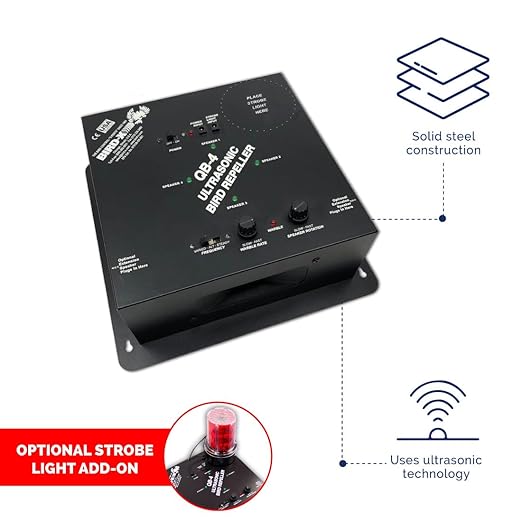Bird-X Super Quadblaster QB-4+S Ultrasonic Bird Preventer with Optional Strobe Light and 4 Built-in Speakers Ideal for Indoors and Semi-Enclosed Areas Covers 6500 sq. ft.