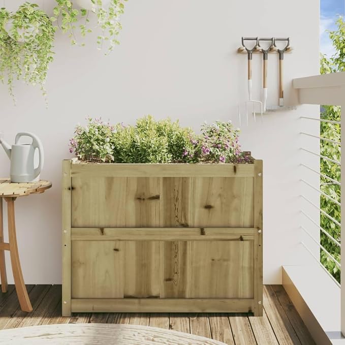 Large Garden Planter Natural Pine Treated Solid Wood 35.4x35.4x27.6 inch Durable Outdoor Raised Garden Bed for Flowers Herbs Vegetables