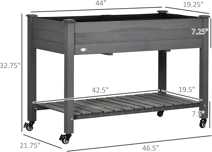 Raised Garden Bed 47 x 22 x 33 Elevated Wooden Planter Box with Lockable Wheels Storage Shelf and Bed Liner for Backyard Patio Dark Gray