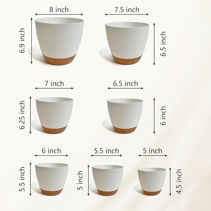 LIFFY Plant Pots 87.576.565.55 Inch Plastic Self Watering Planters with Drainage Holes &amp Saucers 7-Pack White Nursery Planting Pot with Deep Reservoir for Indoor Outdoor Plants