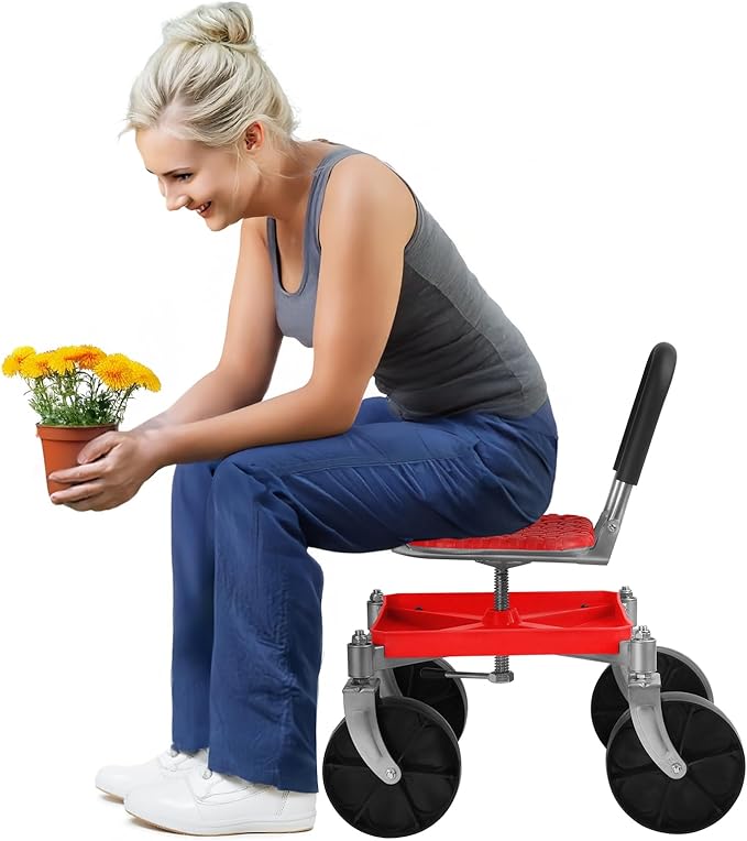 Adjustable Rolling Garden Seat 360° Swivel Seat Garden Cart with Storage Tray 51-61cm Adjustable Height 150kg Capacity for Gardening Lawn Care and Yard Work Red 12.6*24