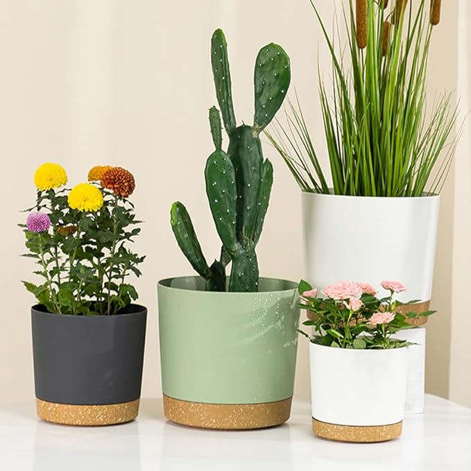 ZMTECH Plant Pots Set of 6 6.5'' Self Watering Plastic Planter with Drainage Hole and SaucerModern Decorative Flower Pot for Indoor Outdoor House Plants Succulents Flowers - Green