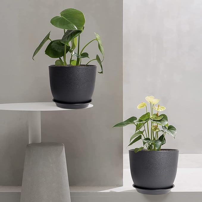 12/10/9 Large Modern Plant Pots Plastic Planters with Drainage Holes and Saucers for Indoor Outdoor Plants Flowers Black