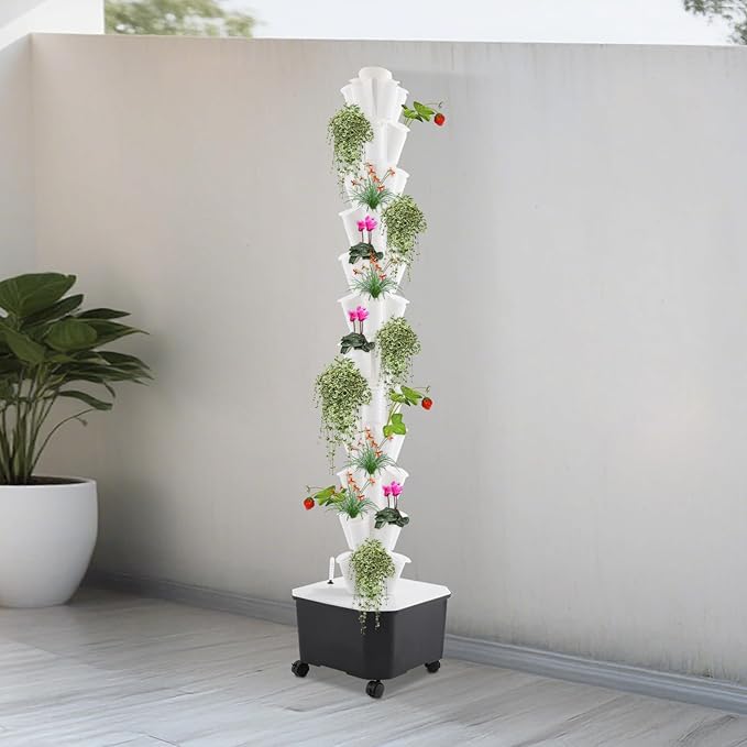 12-Tier Hydroponic Growing Tower 60-Plant Indoor Gardening System w/Automatic Water Circulation Vertical Aeroponic Tower Garden for Herbs Vegetables Fruits (White 60-Plants)