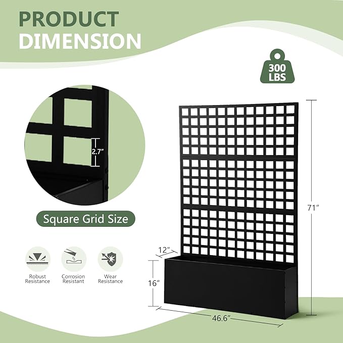 Metal Privacy Planter Box with Trellis Raised Garden Bed Privacy Screen with Drainage Holes Outdoor Metal Planter Box for Climbing Plants Patio &amp Garden 70 x 46 x 12 Black (1)