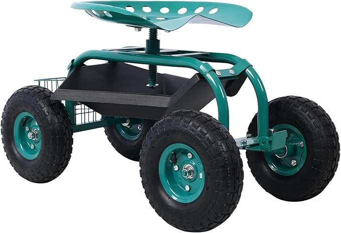 Rolling Garden Scooter Work Seat with Wheels Gardening Stool for Planting 360 Degree Swivel Seat Garden Scooter with Steering Handle &amp Tool Tray Garden Chair for Outdoor Patio and Yard (Gree