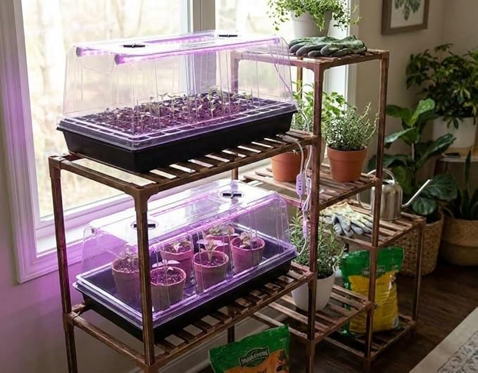 1020 Trays with Grow Light and 6.3 Humidity Dome - 4 Pack Heavy Duty Seed Trays with 72 Cell Plug Trays Germination Kit with Timer and Dimmable LED - Reusable Plant Propagation Box for Gardening