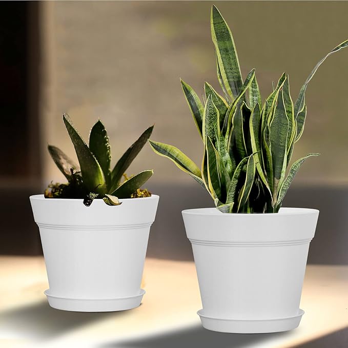 WOUSIWER 16 Pack 6 inch Plastic Planters for Indoor Flower Pots Heavy Duty and Stylish 6 Inch Plant Pots for Indoor Plants with Drainage Holes and Tray for Plants Flowers White