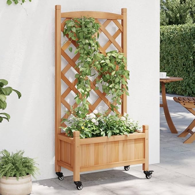 Wood Planter Box with Trellis and Wheel Outdoor Raised Garden Bed for Climbing Plants Free-Standing Trellis Planter Box 21.7x11.6x46.3 Brown Solid Wood Fir