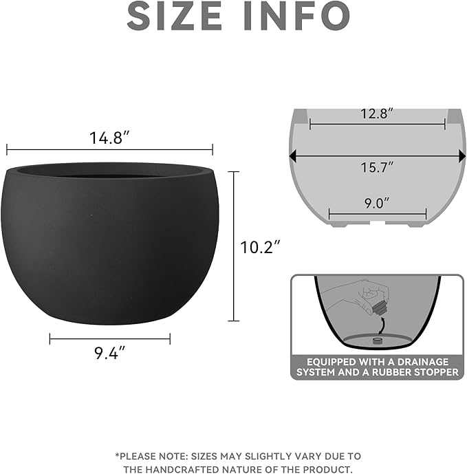 Kante 15.7 Dia Round Concrete Planter Outdoor/Indoor Large Bowl Plant Pots with Drainage Hole and Rubber Plug for Garden Patio Balcony Home Black
