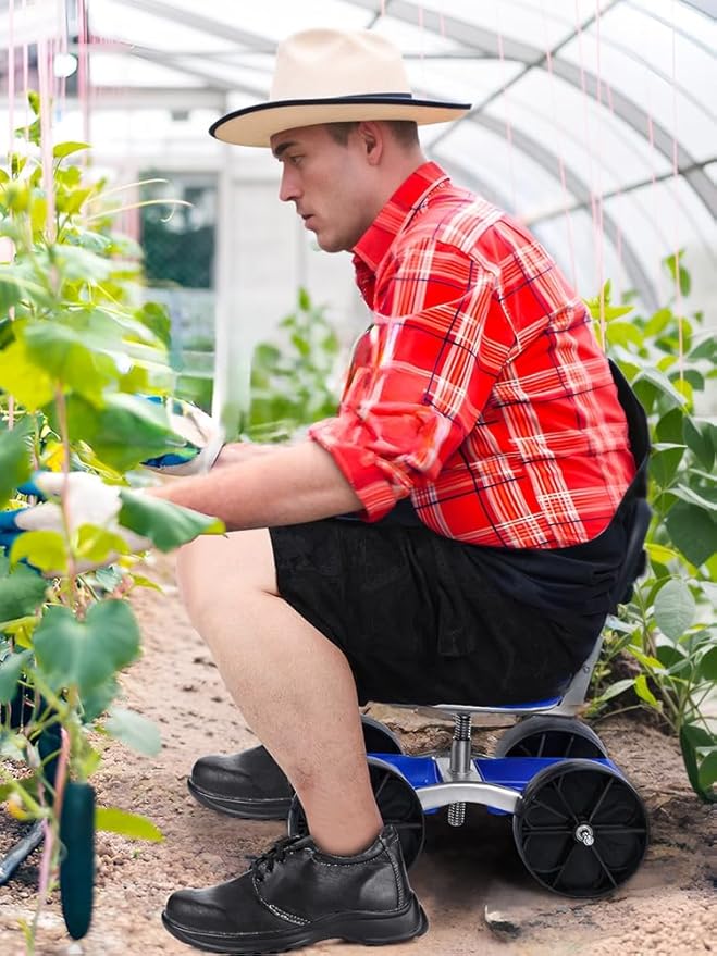 Rolling Garden Seat with Wheels &amp Storage Adjustable Height 360° Swivel Garden Stool Cart Mobile Work Seat for Planting Weeding Elderly Gardeners Outdoor Patio Use Blue