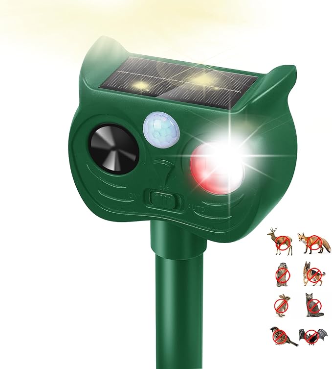 Solar Ultrasonic Animal Repellent Outdoor Motion Sensor Deer Repellent Devices Squirrel Cat Raccoon Rabbit Deterrent with Strobe Light Dual Mode Keep Skunk Away Protection for Yard Garden Lawn 1PC