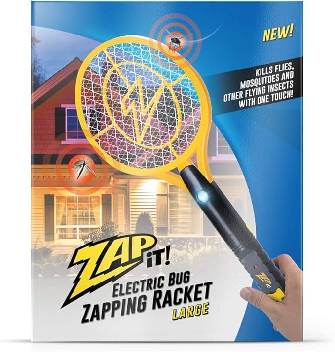 ZAP IT! Rechargeable Electric Fly Swatter Racket - 4000-Volt Mosquito Zapper with USB Charging and LED Light - Large - Safe 3-Layer Mesh Bug Zapper Racquet for Indoors and Outdoors - Yellow