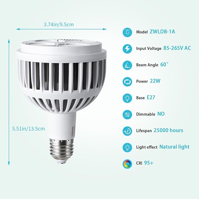 Grow Lights for Indoor Plants Full Spectrum 4000K 22W Plant Light Bulb with High PPFD E27 Base LED Energy Saving Grow Light Bulb for Seeding and Growing 2 Pack