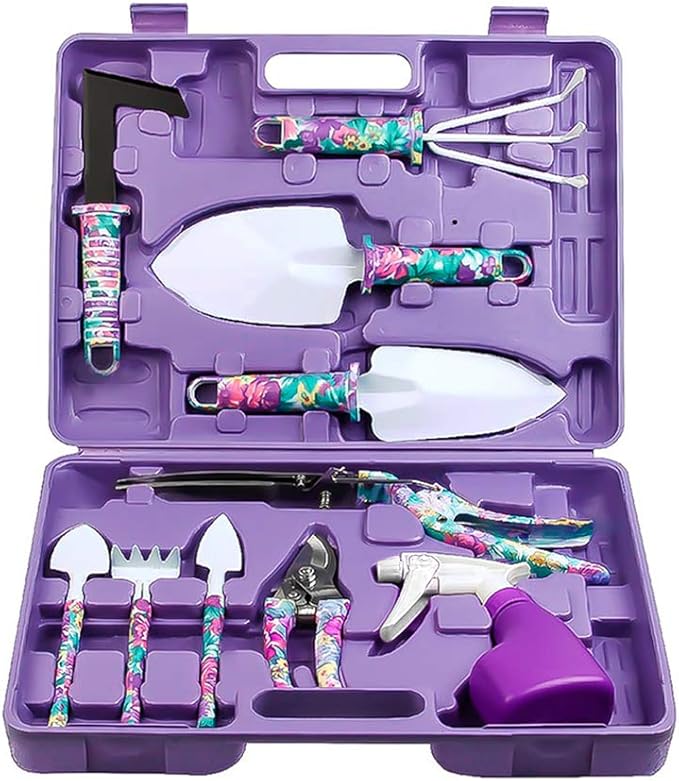 Jhua Garden Tool Set 10 Pieces Gardening Tools Kit with Purple Flower Print Ergonomic Handle Trowel Rake Weeder Pruner Shears Sprayer Garden Hand Tools with Carrying Case Gardening Gifts for Women
