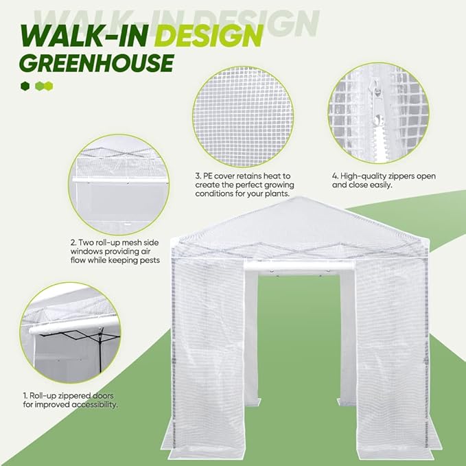 EAGLE PEAK 8x8 Portable Walk in Greenhouse Pop Up Indoor Outdoor Greenhouse Green House Kit with Zippered Roll-Up Doors and Windows PE Cover Clear/White