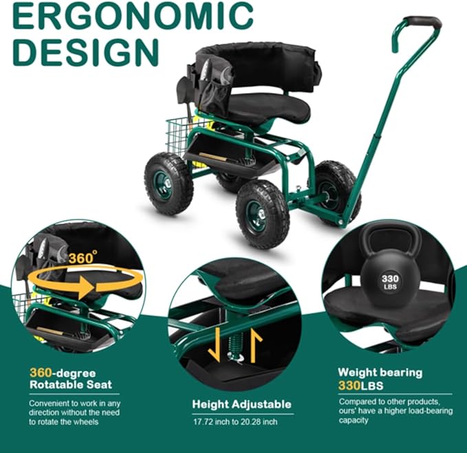 Rolling Garden Cart with Cushioned Backrest &amp Seat Outdoor Gardening Stool for Planting Garden Scooter with 360 Degree Swivel Seat &amp Steering Handle &amp Tool Tray (Backrest Seat+Handle Gre