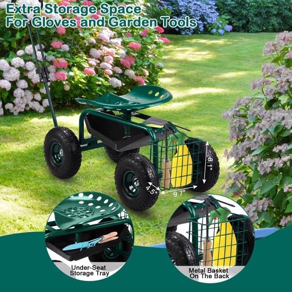 Garden Scooter Stool with Wheels Rolling Gardening Seat with Swivel &amp Tool Tray Adjustable Work Seat with Extendable Handle for Weeding Planting Outdoor Work Foldable Garden Seats
