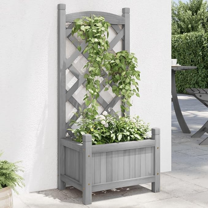 Solid Wood Garden Planter with Trellis Wood Raised Garden Bed Planter with Trellis Outdoor Garden Box for Climbing Plants Gray Solid Wood Fir-763