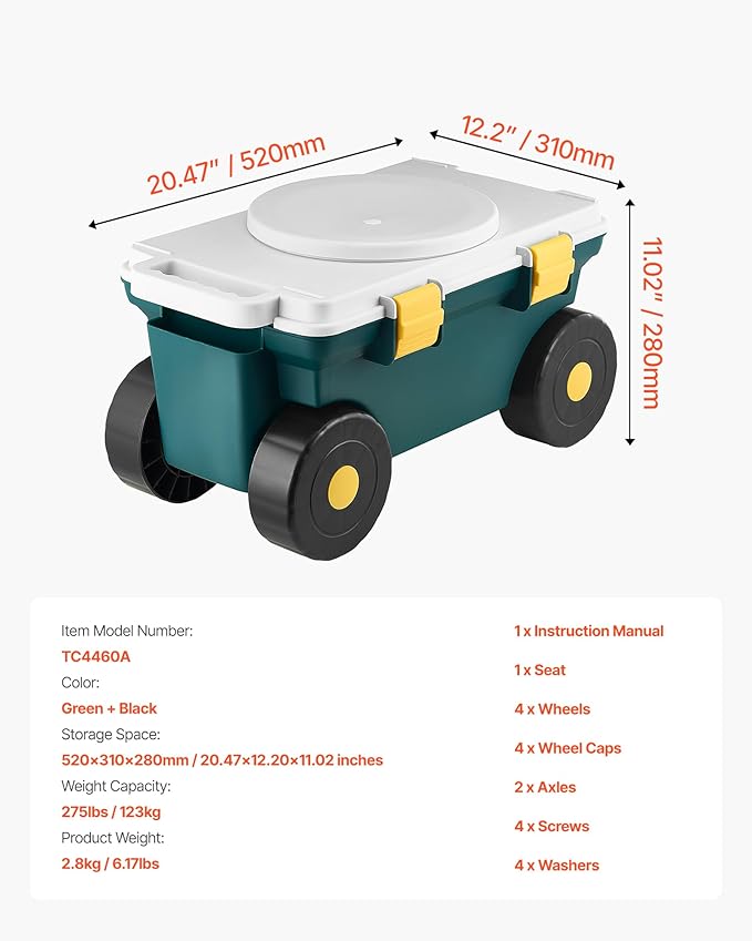 VEVOR Garden Scooter with Seat 2 in 1 Rolling Garden Cart with Storage Bin Supports up to 227 lbs Outdoor Wagon with Handle Lightweight Storage Gardening Stool for Yard Weeding Planting