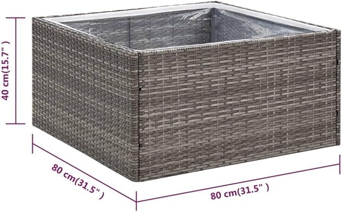 Modern Square Garden Planter Box Outdoor Grey Synthetic Poly Rattan Large Size 31.5x31.5x15.7in with Drainage for Patio Balcony Terrace Planting Flowers and Small Shrubs
