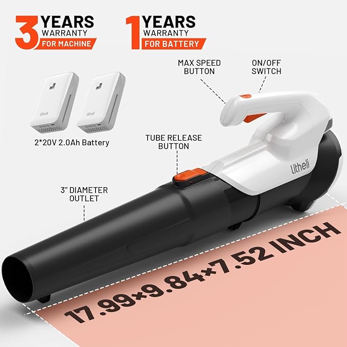 Litheli Cordless Leaf Blower with 2 Batteries (Works as Portable Power Bank) Ultra-Lightweight Electric Blower for Driveways Patios &amp Decks 2-Speed 350CFM for Dry Leaves Dust &amp Car Drying