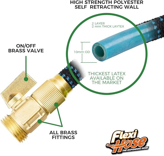 Flexi Hose Expandable Garden Hose with 8 Function Nozzle 25FT - Lightweight Retractable Garden Hose Water Hose - No-Kink Flexibility 3/4 Inch Solid Brass Fittings and Double Latex Core