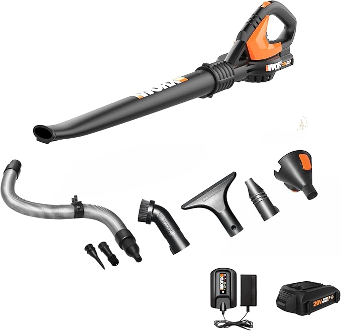 WORX Cordless Leaf Blower Electric Blowers for Lawn Care with 120 MPH &amp 3.5 LBS Long Nozzle Design for Narrow Spaces with Cleaning Attachments Battery &amp Charger Included WG545.1