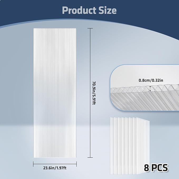 UMIG 8 PCS 6' x 2' x 0.32'' Polycarbonate Greenhouse Panels Twin-Wall Waterproof UV Protected Corrugated Plastic Roof Panels Sheets Clear Replacement Panels for Greenhouse Outdoor Plant