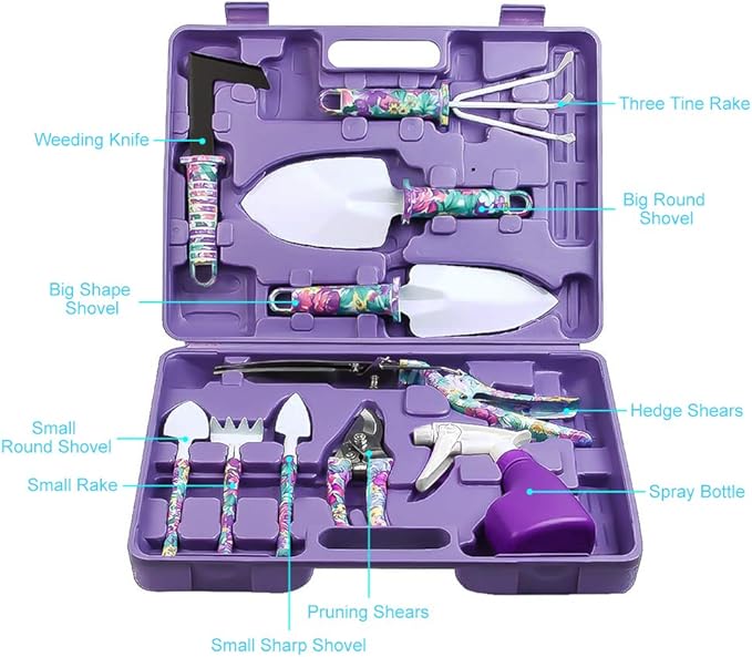 Jhua Garden Tool Set 10 Pieces Gardening Tools Kit with Purple Flower Print Ergonomic Handle Trowel Rake Weeder Pruner Shears Sprayer Garden Hand Tools with Carrying Case Gardening Gifts for Women