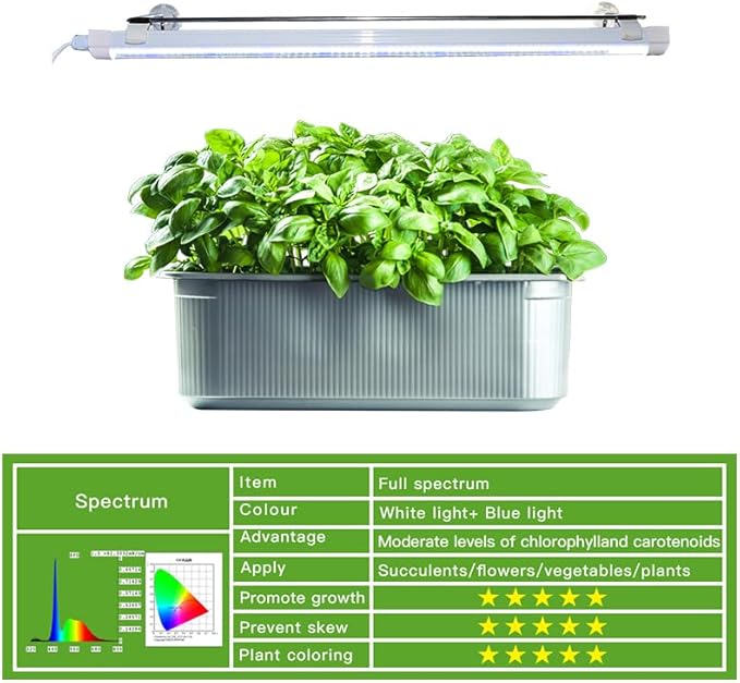 2FT Suction Cup Style Plant Grow Light12W LED Grow Lamp Fixture on Wall Seed Starter kit 6500K Cool White Enhanced Blue Light Height Adjustable Herbs Growing lamp IP54