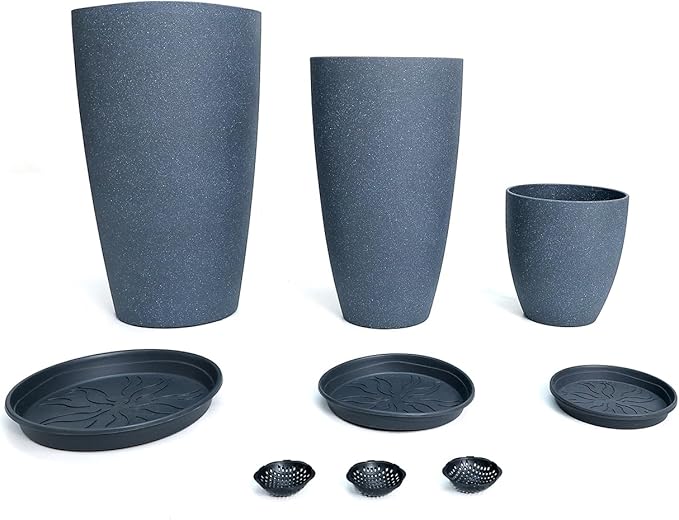 24/21/11 Inch Tall Planter Pots Garden Plastic Planters - Set of 3 for Indoor &amp Outdoor Use - Decorative Lightweight Flower Pots (Dark Grey)