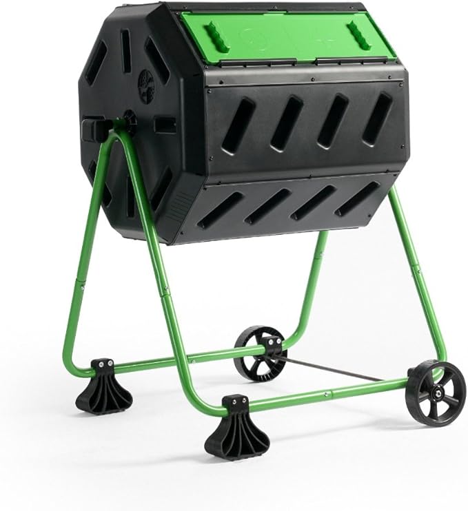 FCMP Outdoor HOTFROG Mobile Dual Chamber Tumbling Composter with Wheels - Outdoor Rotating Garden Compost Bin (HF-IM4000-WK) Black &amp Green (37-Gallon)