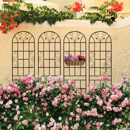 4 Pack Metal Garden Trellis 86.7 x 19.7 Rustproof Trellis Wire Lattice Grid Panel for Climbing Plants Outdoor Roses Vine Cucumbers Vegetables Outdoor Flower Support Black (4)