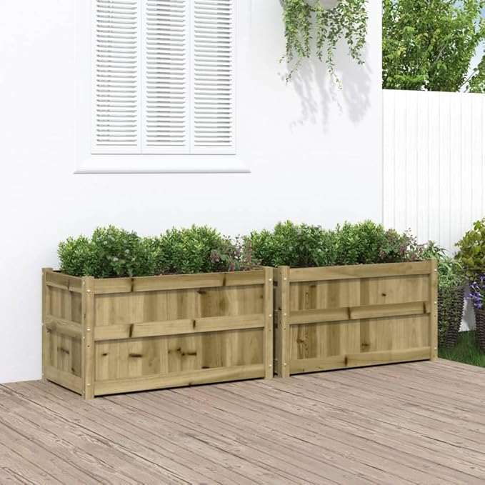 Garden Planter Set of 2 Brown Vacuum Pressure Treated Pinewood 35.4x35.4x19.7 Inch Rectangular Raised Garden Beds Outdoor for Flowers Herbs Vegetables