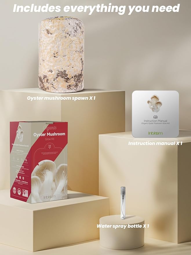 inbloom Organic Oyster Mushroom Growing Kit with Spray Harvest Fresh Mushrooms at Home Beginner Friendly &amp Easy to Use Unique Gardening Gift for Holiday Handmade in New Jersey USA