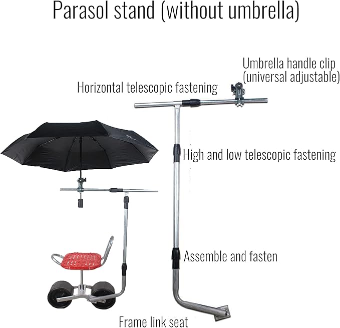 Collapsible Rolling Seat for Gardening 360° Rotating Garden Chair Height Adjustable with Umbrella Stand Planting Picking Stool for Gardening Lovers (Seat + Umbrella Stand)