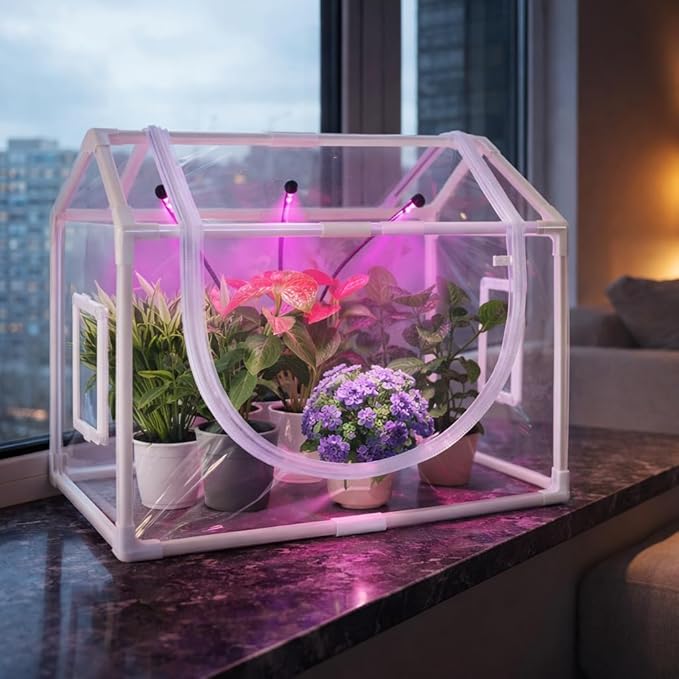 Indoor Mini Greenhouse with Grow Light Tabletop Small Greenhouse for Beginners All-in-One Tiny Plant Nursery Kit with Adjustable LED Light &amp Timer Smart Grow Tent for Herbs Gardening Gift