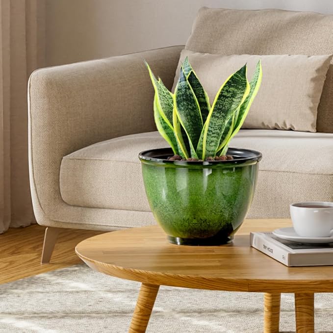 8 Inch Plastic Plant Pots Set of 4 Flower Pots Planters with Drainage Hole Glossy Smooth Finish Planter for Indoor Outdoor Succulent Snake Plants (Green)